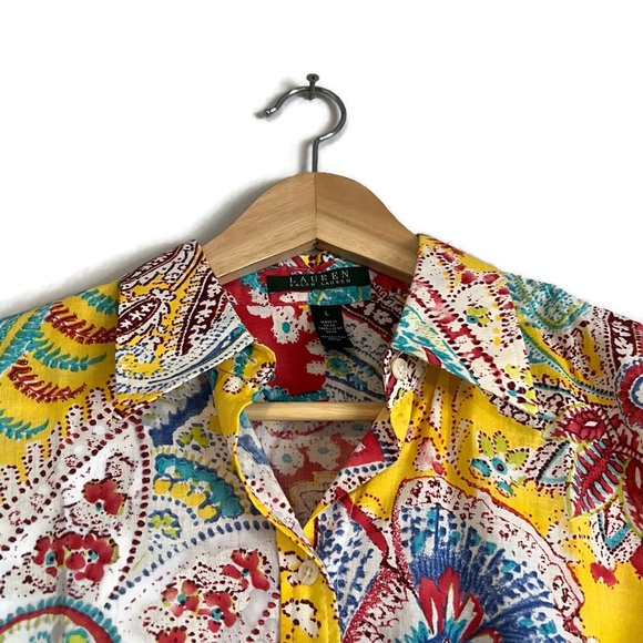 Ralph Lauren brightly patterned yellow blouse size Large - Picture 2 of 4